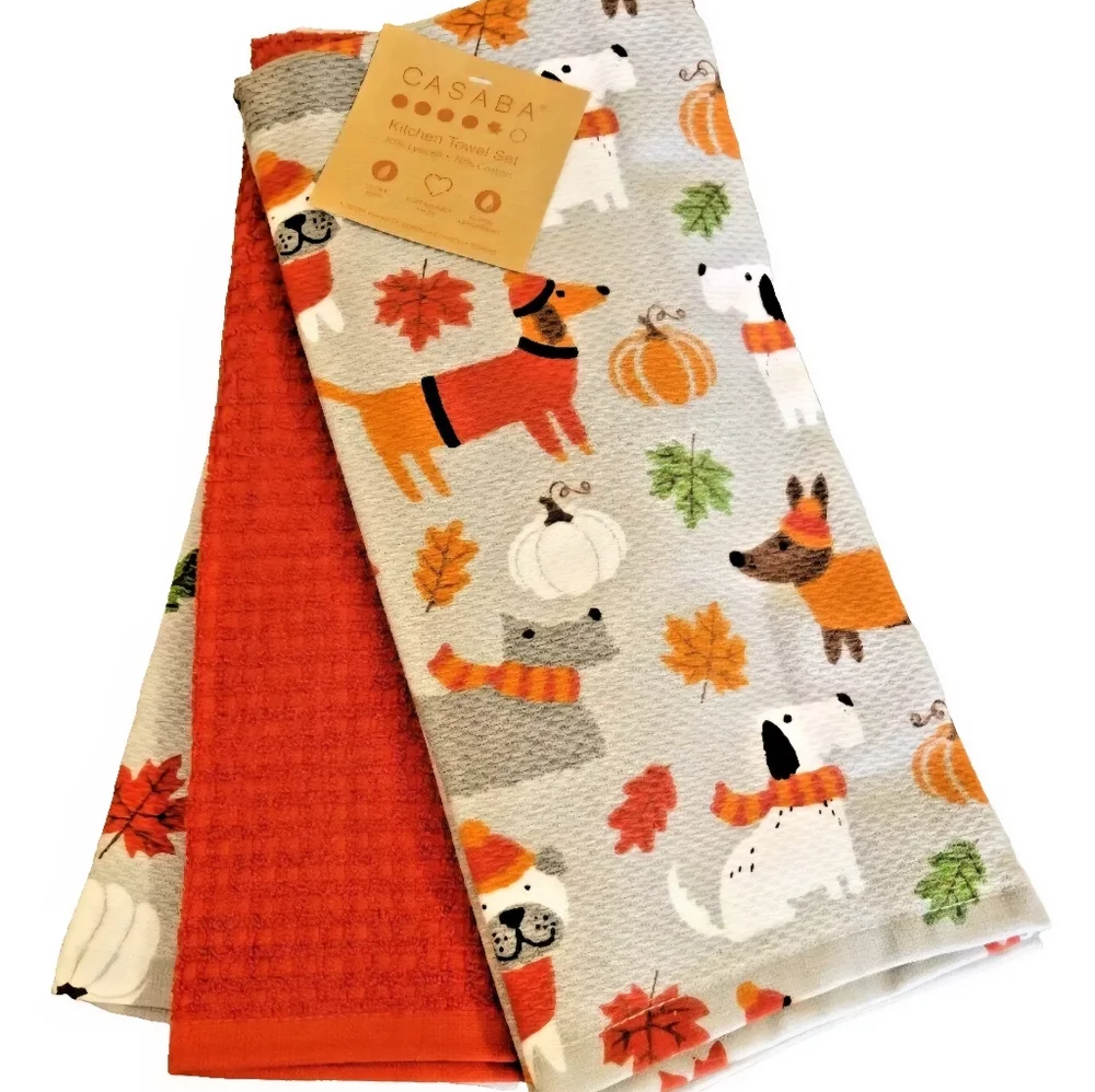 Casaba Dachshund Weiner Dog Kitchen Towel Set Fall Autumn Schnauzer